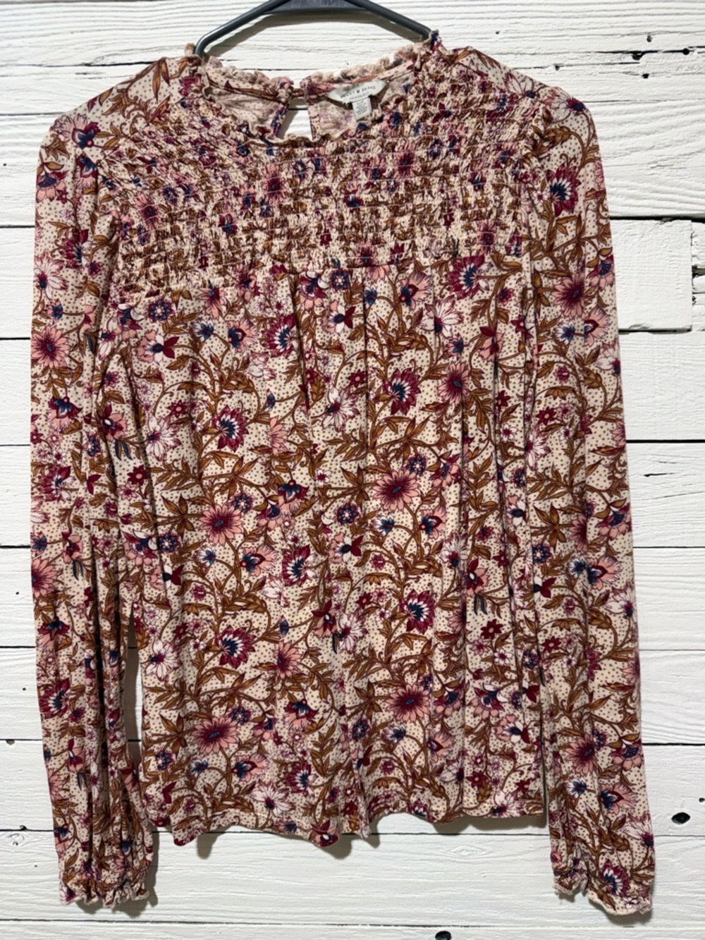 Lucky Brand Floral Smocked Long-Sleeve Blouse - Pink, Brown, Navy